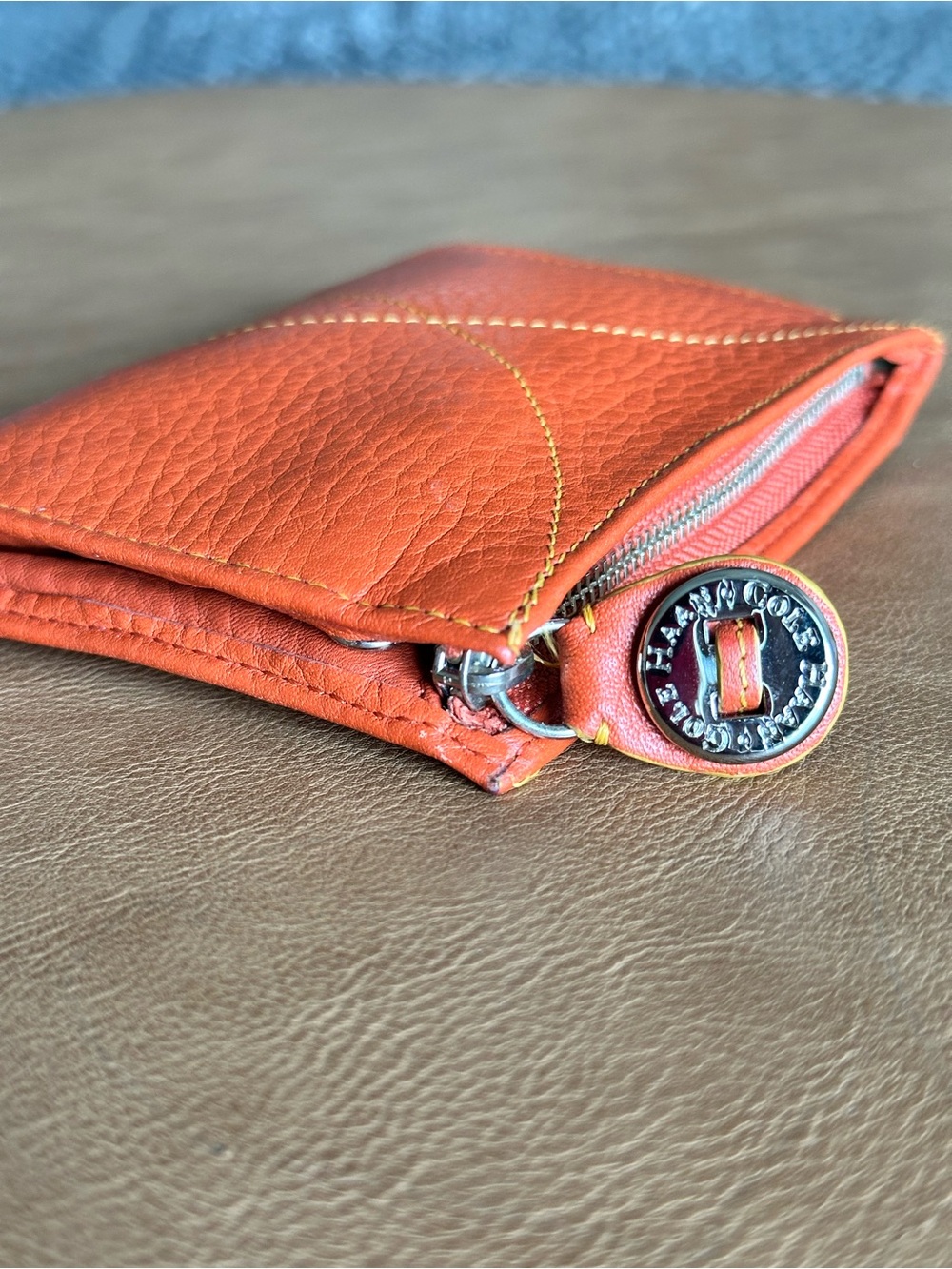 Vintage Cole Haan Pebbled Leather Zip Coin Purse & Key Pouch | Coral Orange - Picture 4 of 8